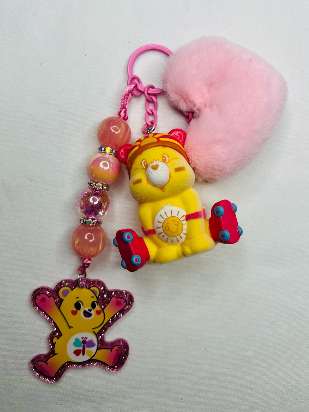 Care Bears Yellow & Pink Bear Keychain with Pom-Pom and Beaded Charm